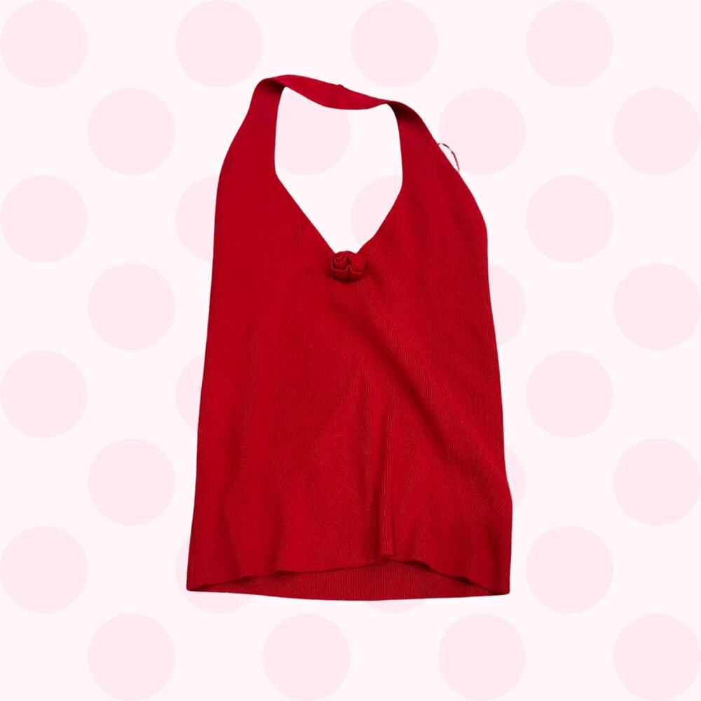 Red Knit Halter Neck Top With Button Detail Size Large